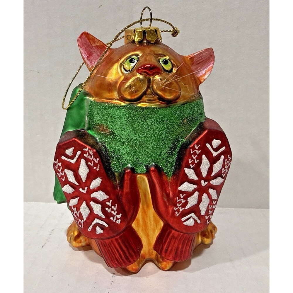 Vintage Department 56 Cat Mercury Glass Fat Handpainted Ornament Orange Kitty
